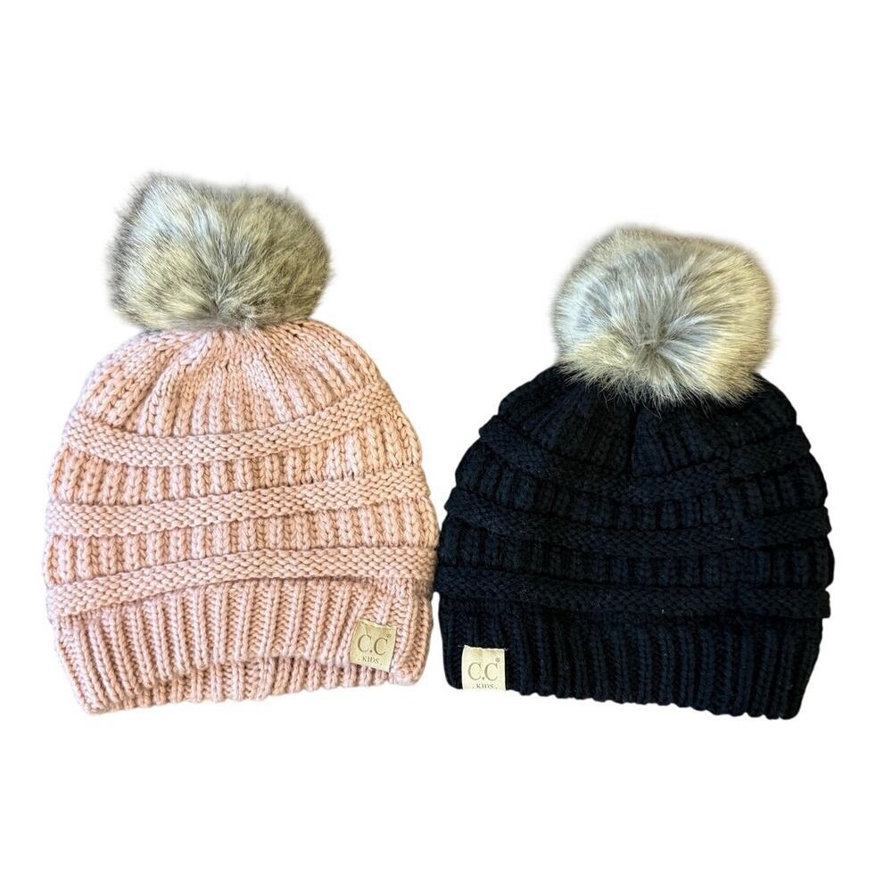 C.C. Beanie Set of 2 with Faux Fur Pom Pom Hats Black Pink